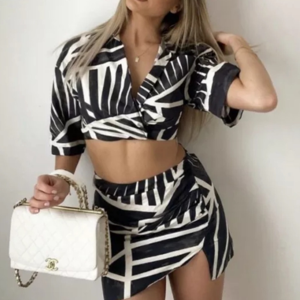 Zara draped printed mini skirt black shirt set XS